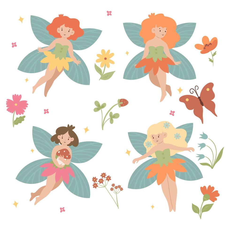 Set of cute fairies isolated on white background. vector