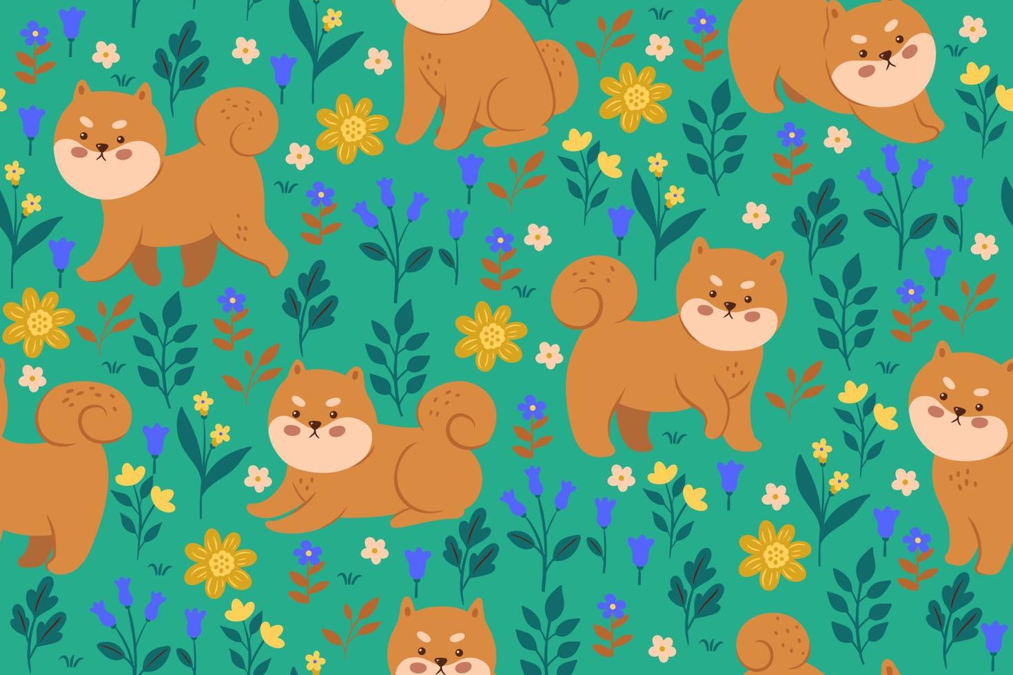 patrón impecable con flores y perros shiba inu. gráficos vectoriales vector