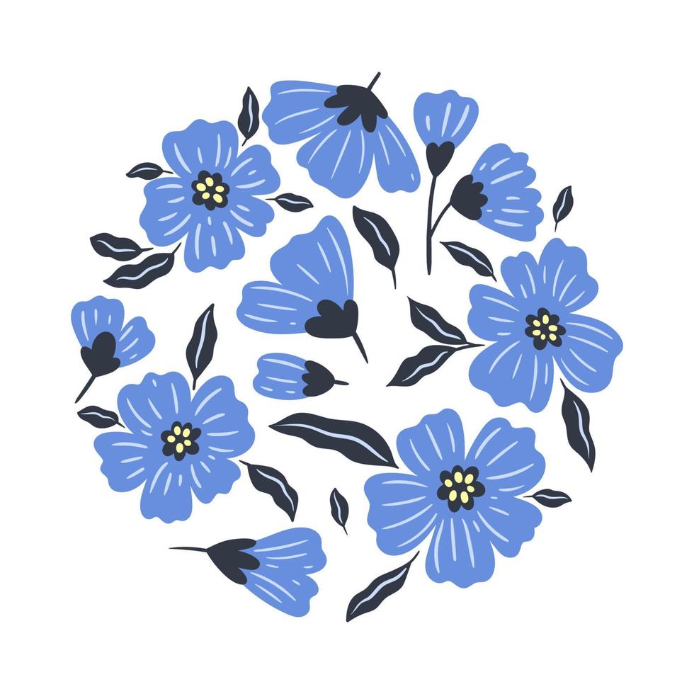 Round composition with blue flowers isolated on white background. Vector graphics.