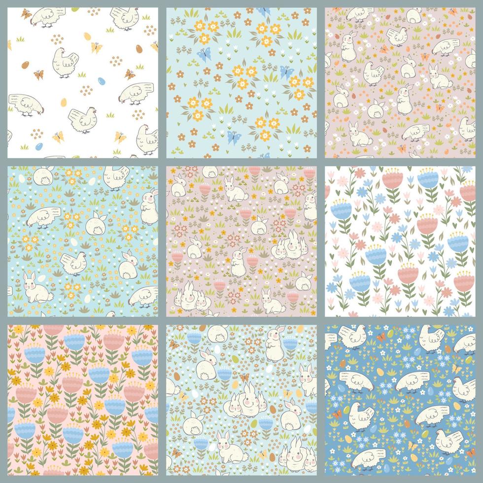 Set of cute Easter seamless patterns with chickens, bunnies and spring flora. vector