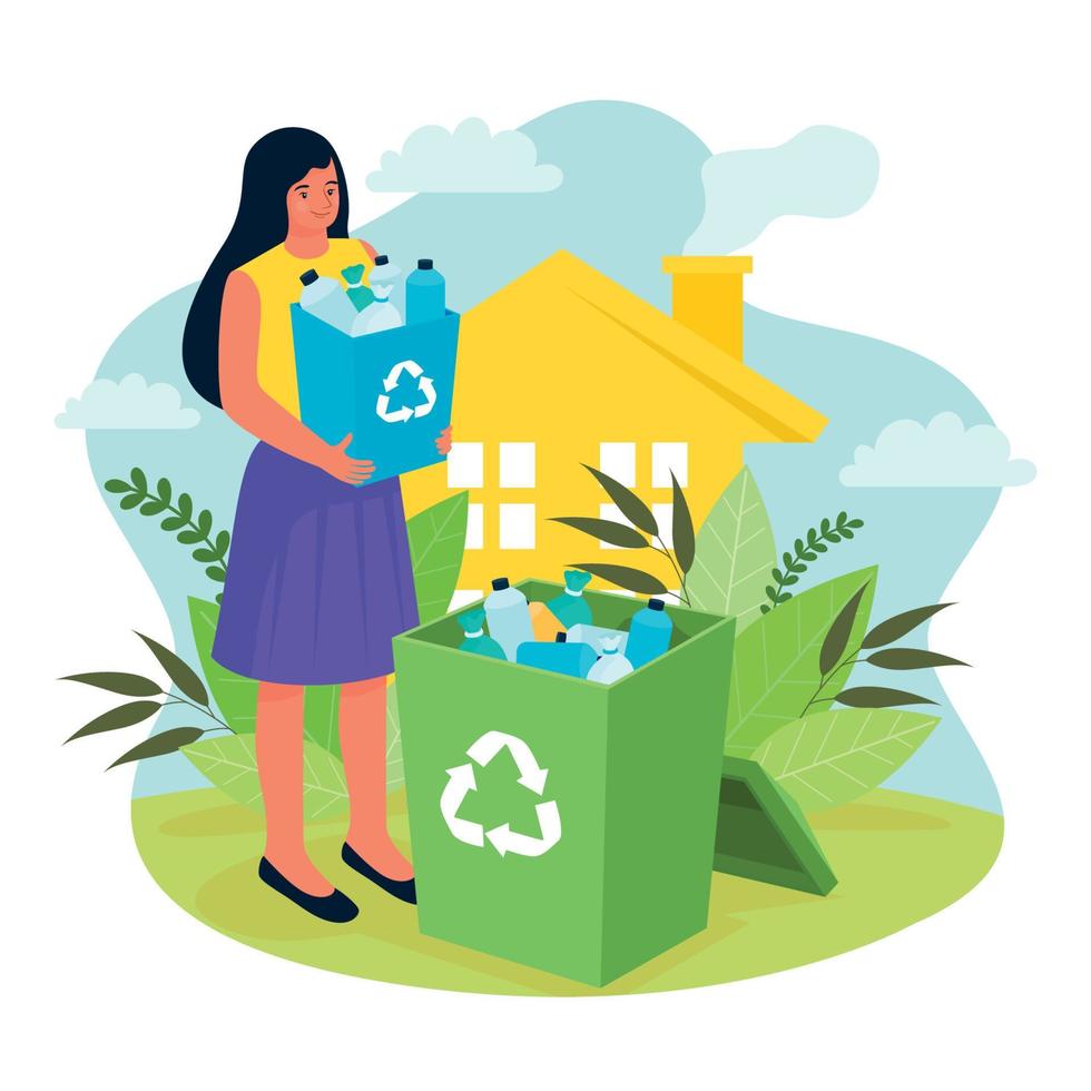 Recycling At Home With Woman Taking Out the Trash vector