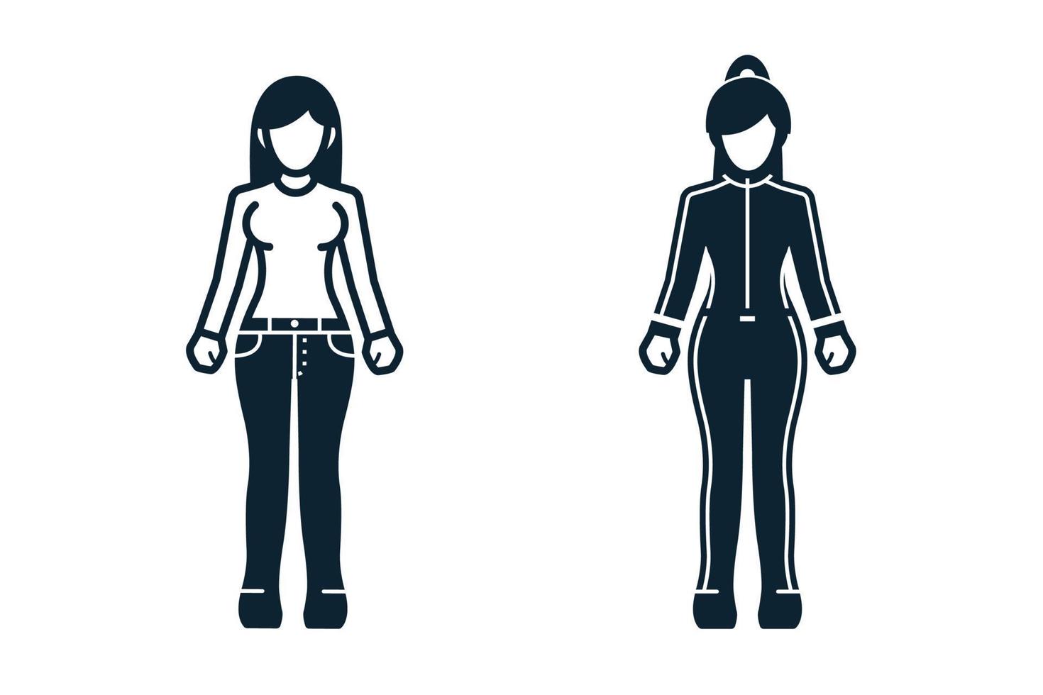 personas, mujeres, moda, iconos de ropa con fondo blanco vector