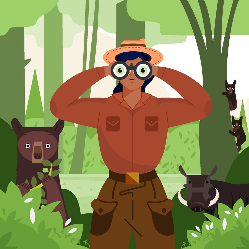 Wildlife Biologist Use Binocular Watching Animals Concept vector
