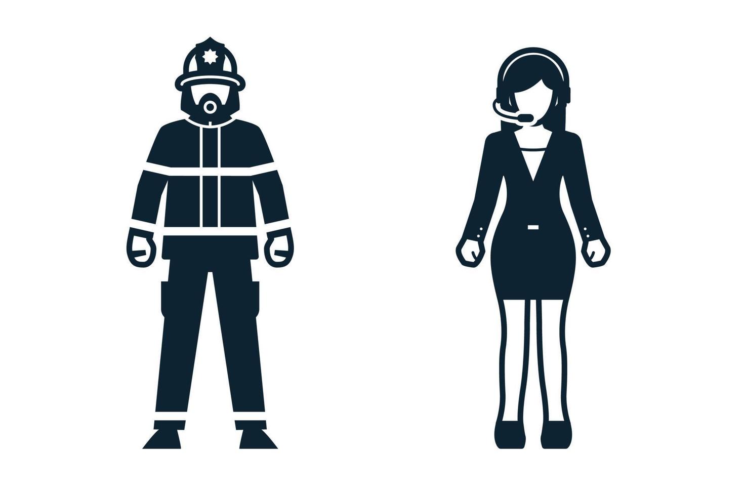 iconos de bombero, bombero, reportero, uniforme y personas vector
