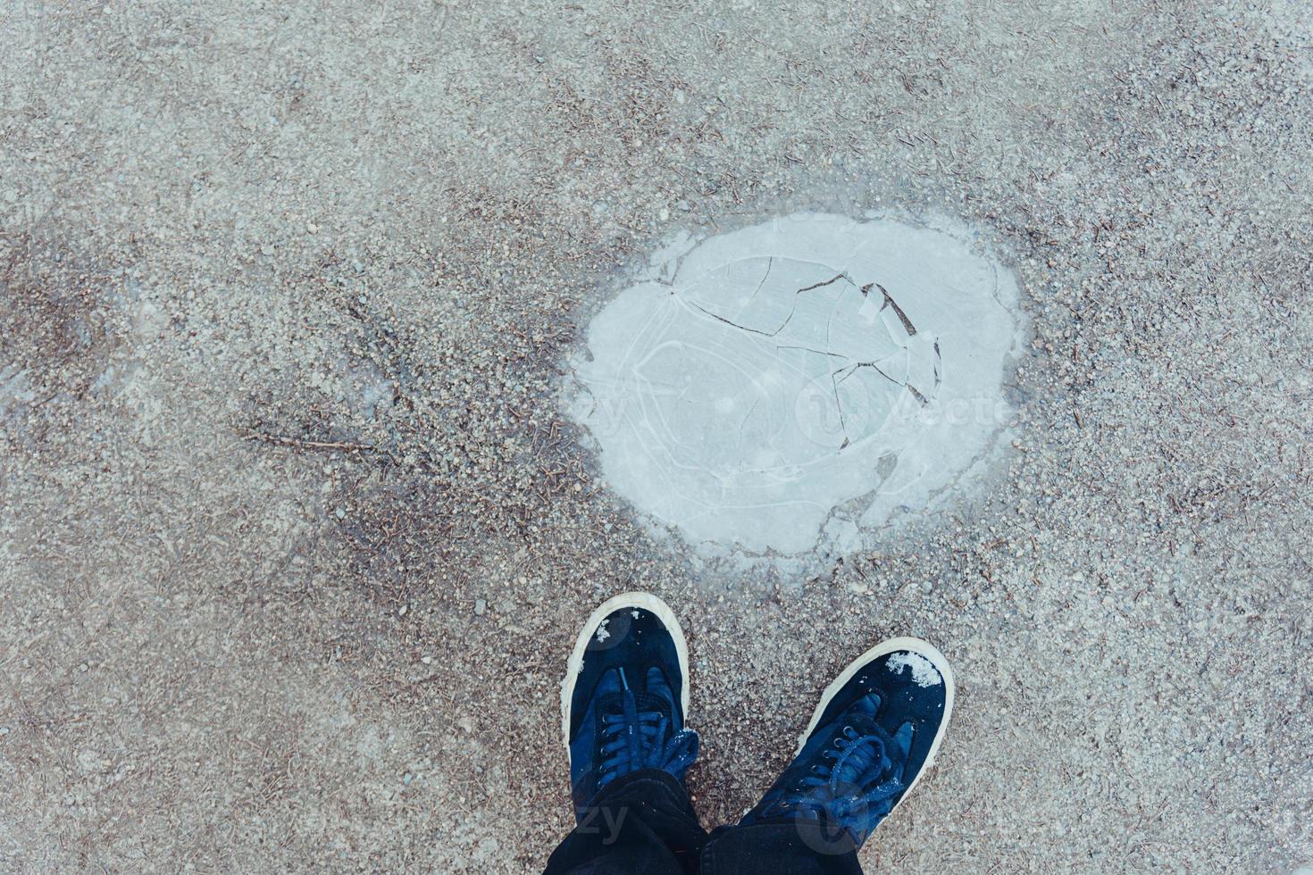 First person POV of feet alongside ice or snow photo