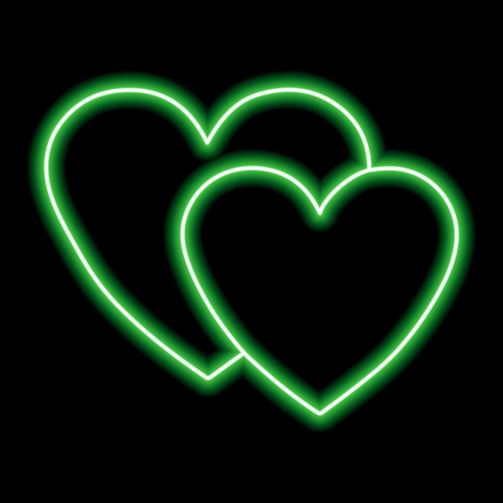 Two neon green hearts on a black background. Valentine's Day, love