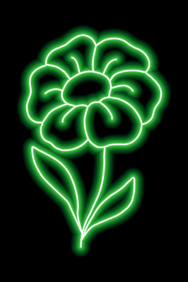 Neon green flower with petals and leaves on a black background. Simple illustration vector