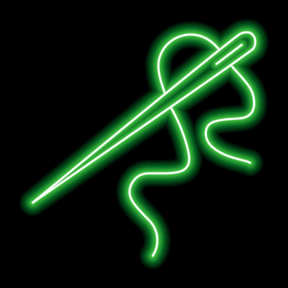 Sewing needle and cotton in green neon style on a black background vector