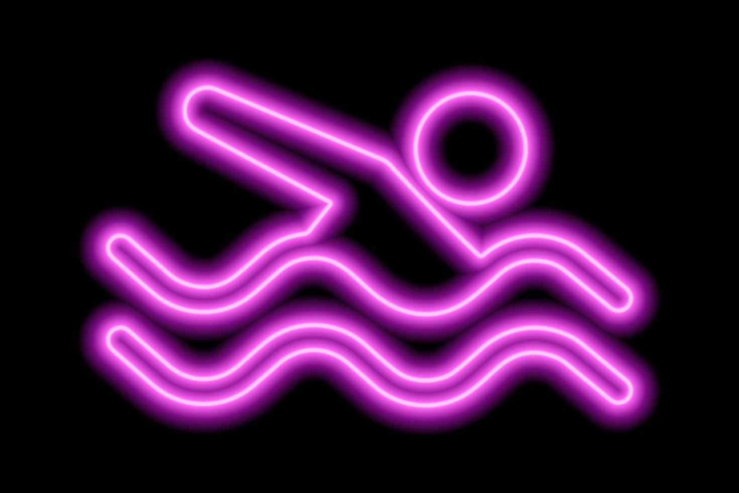 Neon pink silhouette of freestyle swimmer with waves on black background vector