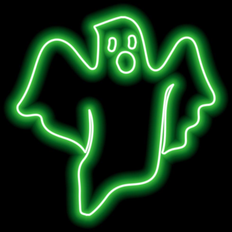 Neon green outline flying ghost on black background. Halloween symbol. vector