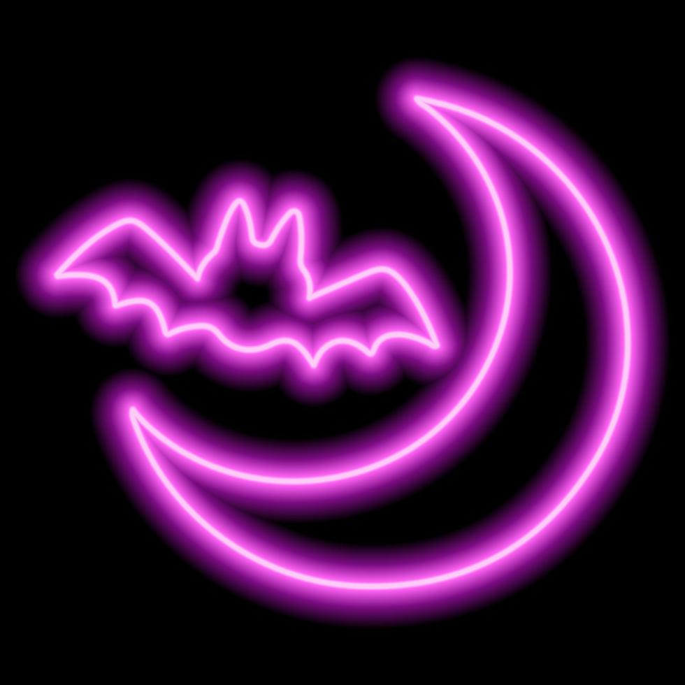 Neon pink outline of a bat and moon on a black background. Halloween. vector