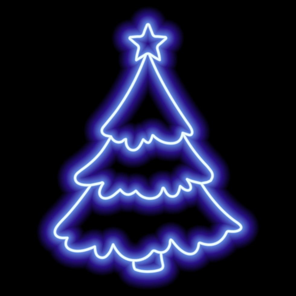 Blue neon outline of a Christmas tree with a star on a black background vector