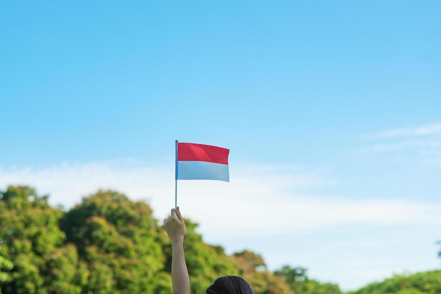 mano que sostiene la bandera de indonesia sobre fondo de cielo azul. día de la independencia de indonesia, día festivo nacional y conceptos de celebración feliz foto