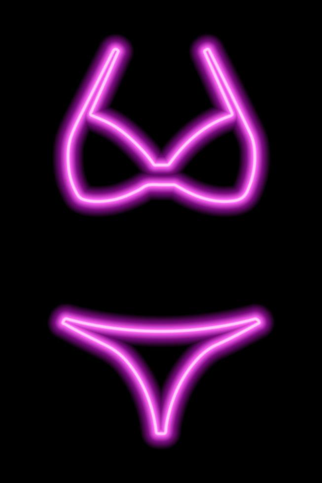Pink neon silhouette of a women's swimsuit on a black background. Bikini vector