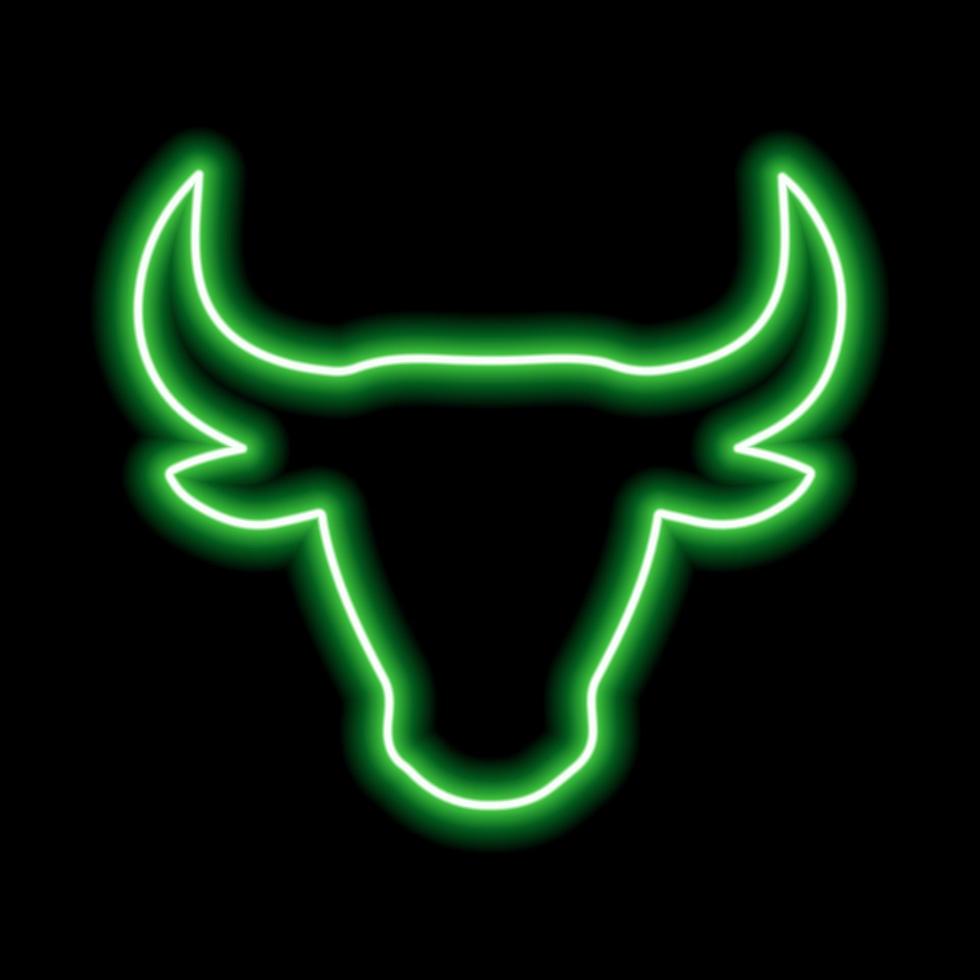 The silhouette of the bull's head is green neon line on a black background vector