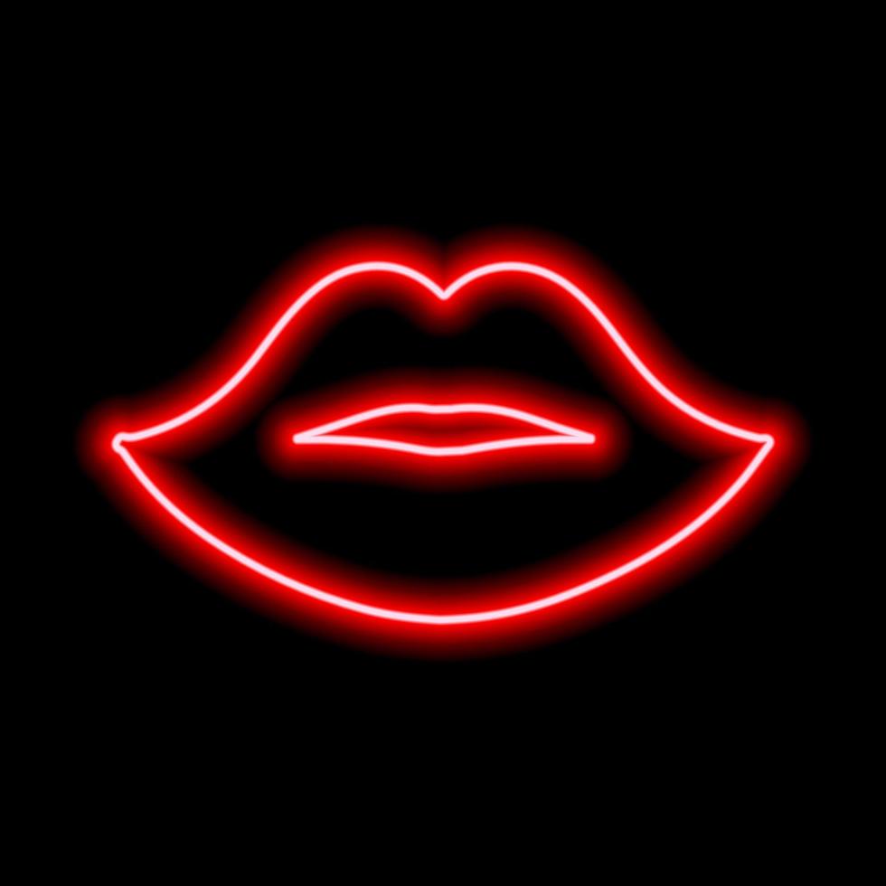 Red neon lips on a black background. The contour of the women's lips. Kiss vector