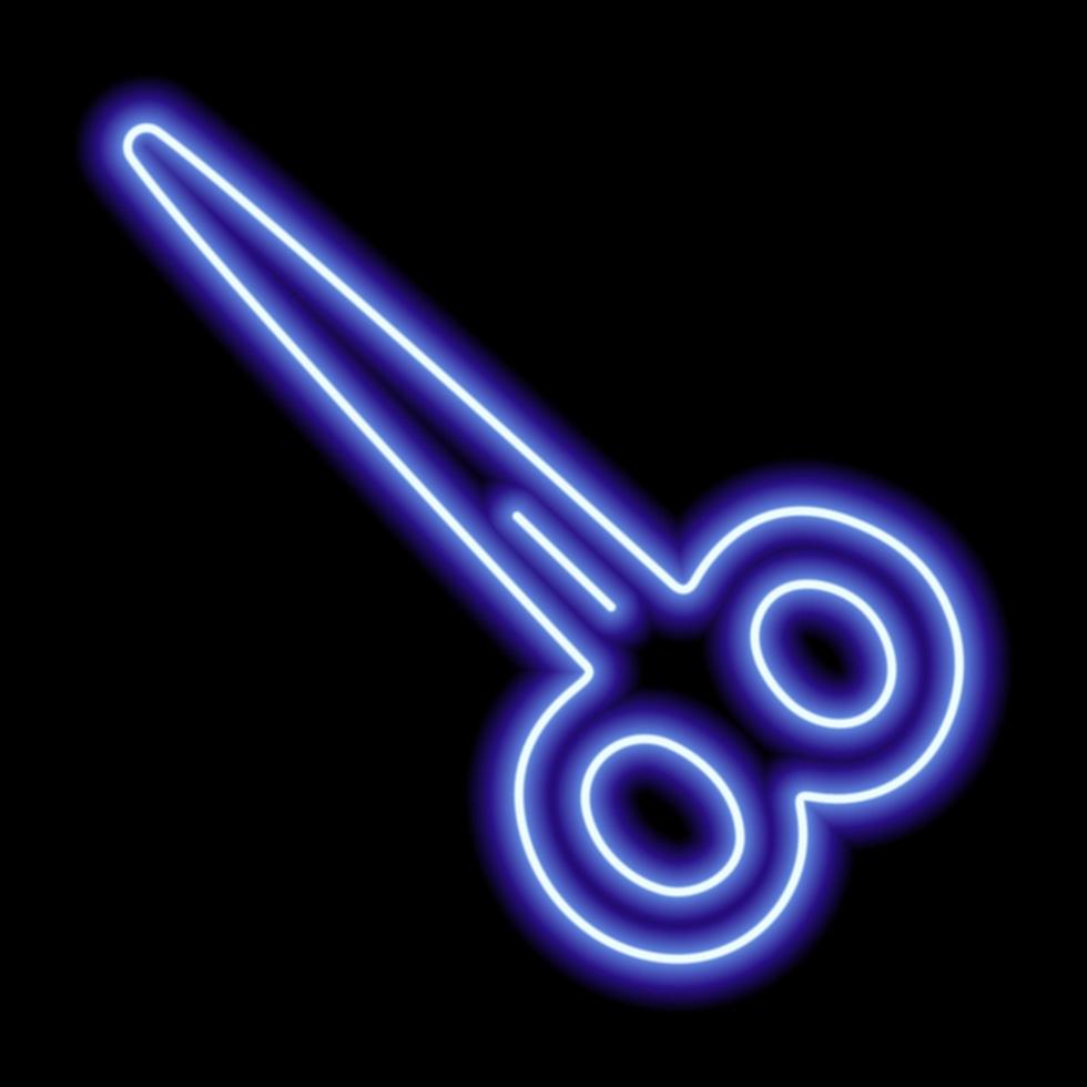 Blue neon contour scissors on a black background. vector