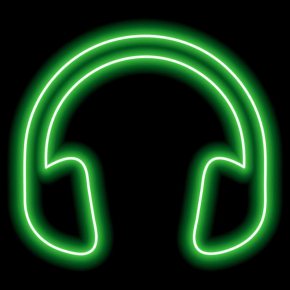 Green headphones. Neon outline on a black background. One object. Listen to music, play vector