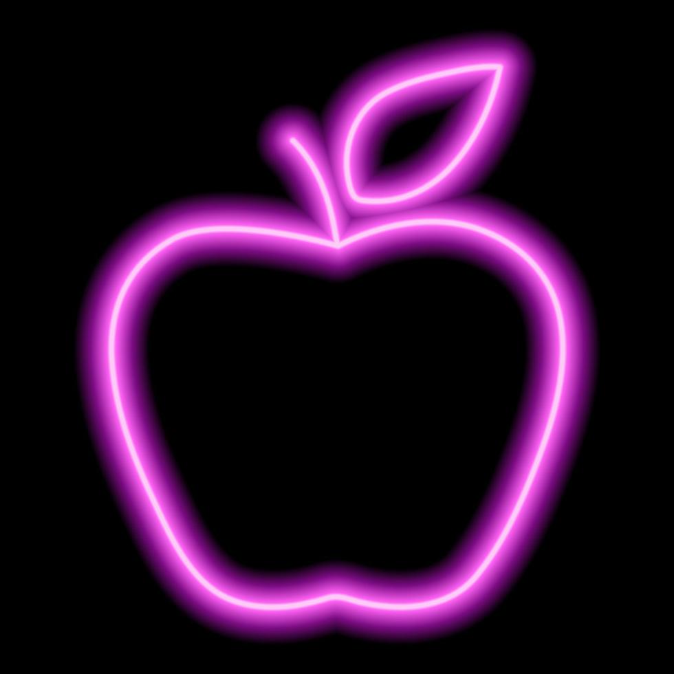 contorno de neón rosa de una manzana con una hoja sobre un fondo negro. ilustración del icono vector