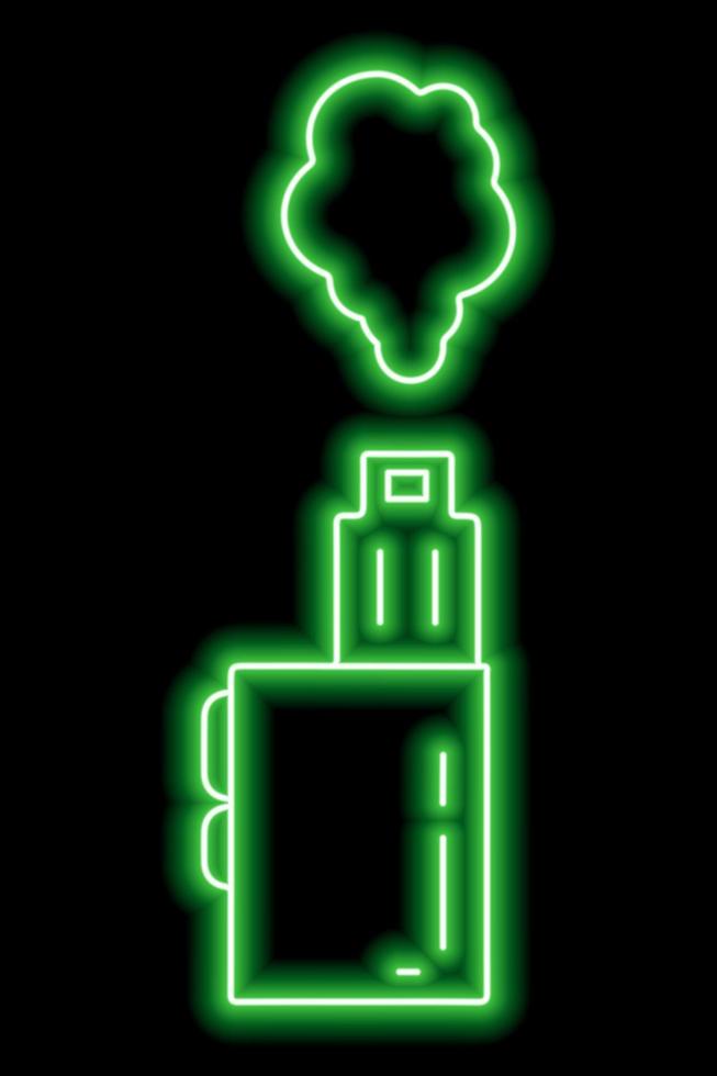 Silhouettes of electronic vape with steam on a black background. Green neon icon. Illustration vector