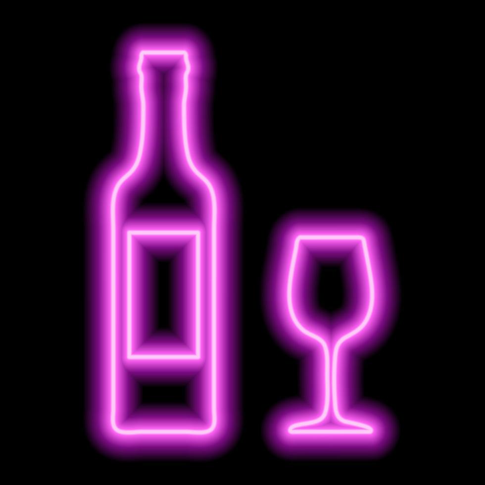 Pink neon outline of a bottle of wine with a label and a glass on a black background. Bar icon vector