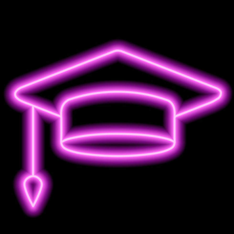 Neon pink silhouette of mortar board of graduate on black background. Education, college vector