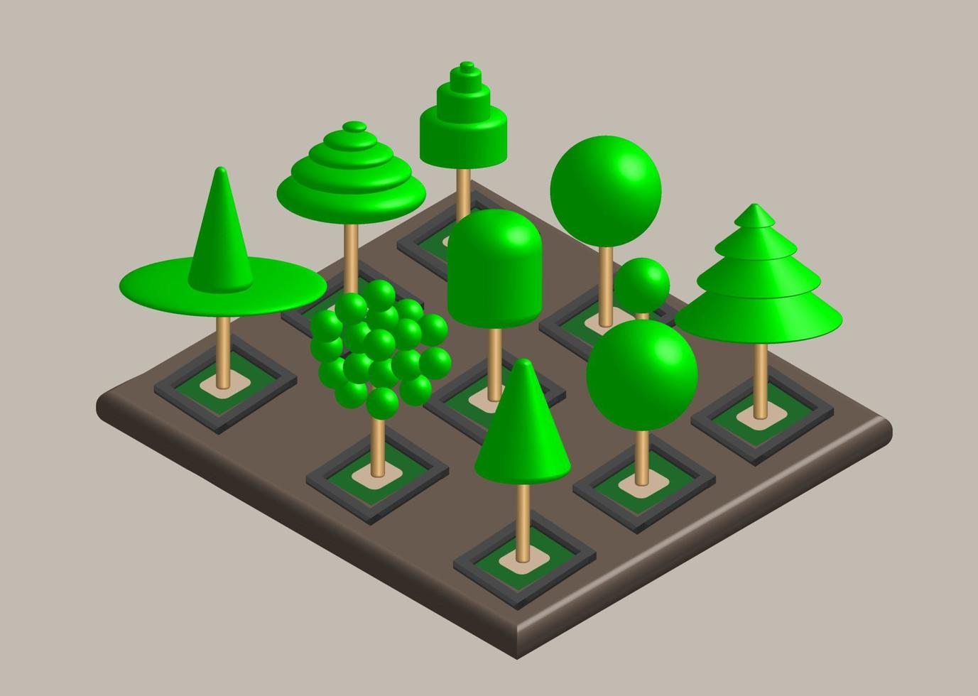 set of tree isometric designs with various shapes, realistic 3d vector illustration