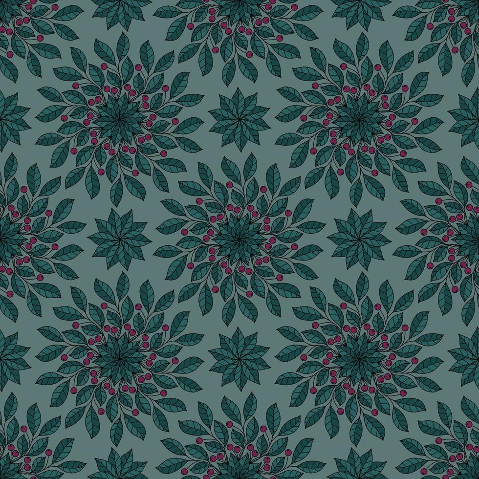 EMERALD SEAMLESS VECTOR BACKGROUND WITH ROUND ORNAMENT OF PINK BERRIES ON BRANCHES
