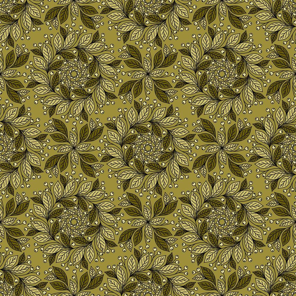 DIRTY YELLOW SEAMLESS VECTOR BACKGROUND WITH FLORAL ORNAMENT AND BERRIES