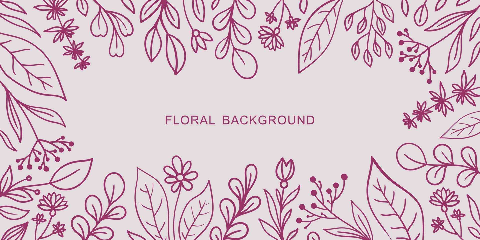 fondo de vector beige con flores de garabato rosa y ramitas en los bordes