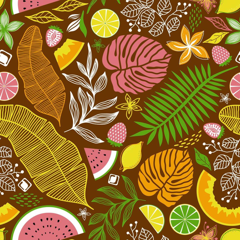 patrón vectorial marrón sin costuras con hojas y frutas tropicales multicolores brillantes vector