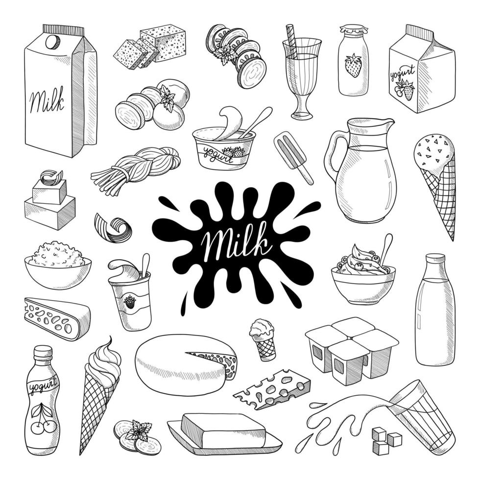 BIG VECTOR COLLECTION OF MILK AND DAIRY PRODUCTS ON A WHITE BACKGROUND