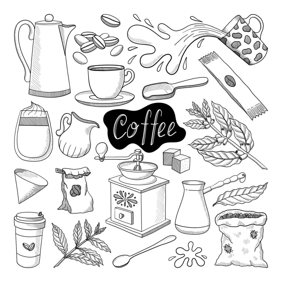 BIG VECTOR COLLECTION OF COFFEE MAKING ITEMS ON A WHITE BACKGROUND
