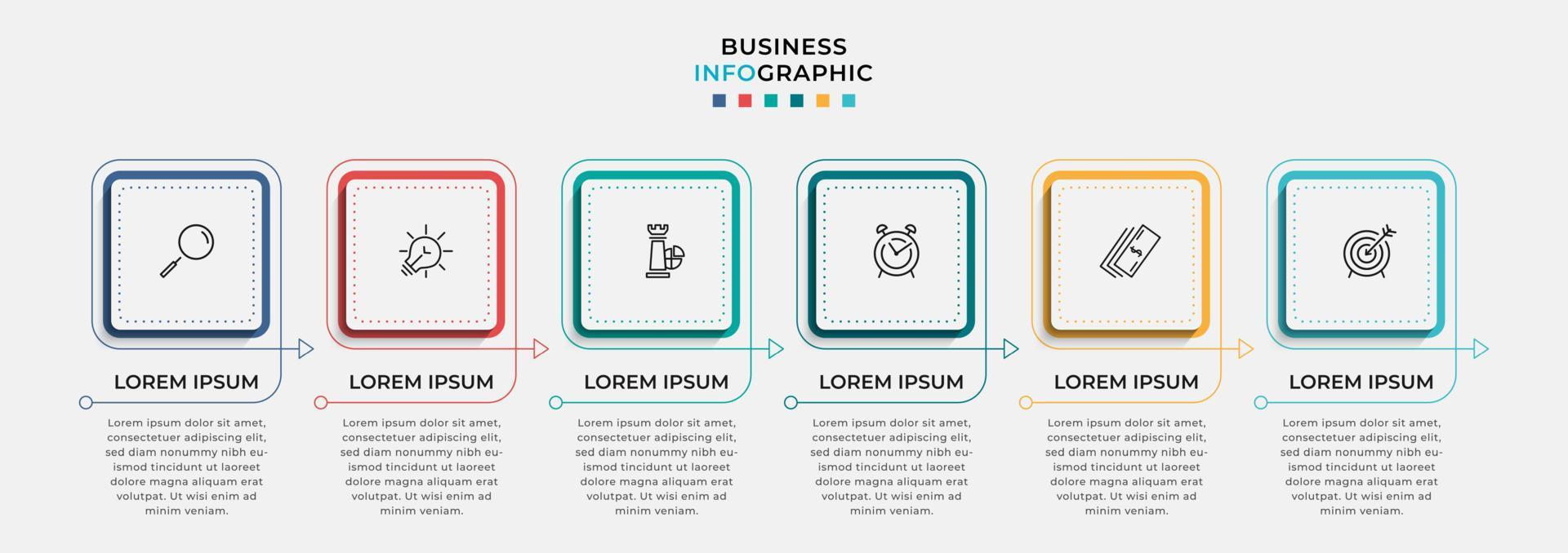 plantilla de negocio de diseño infográfico vectorial con iconos y 6 opciones o pasos. se puede utilizar para diagramas de proceso, presentaciones, diseño de flujo de trabajo, pancarta, diagrama de flujo, gráfico de información vector