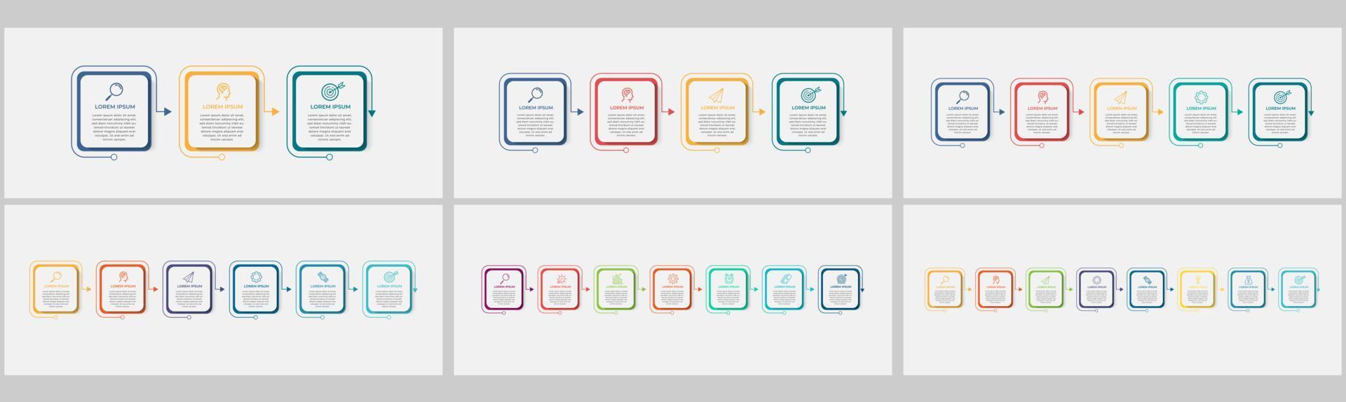 Set bundle Business Infographics with 3, 4, 5, 6, 7, 8 options or steps vector