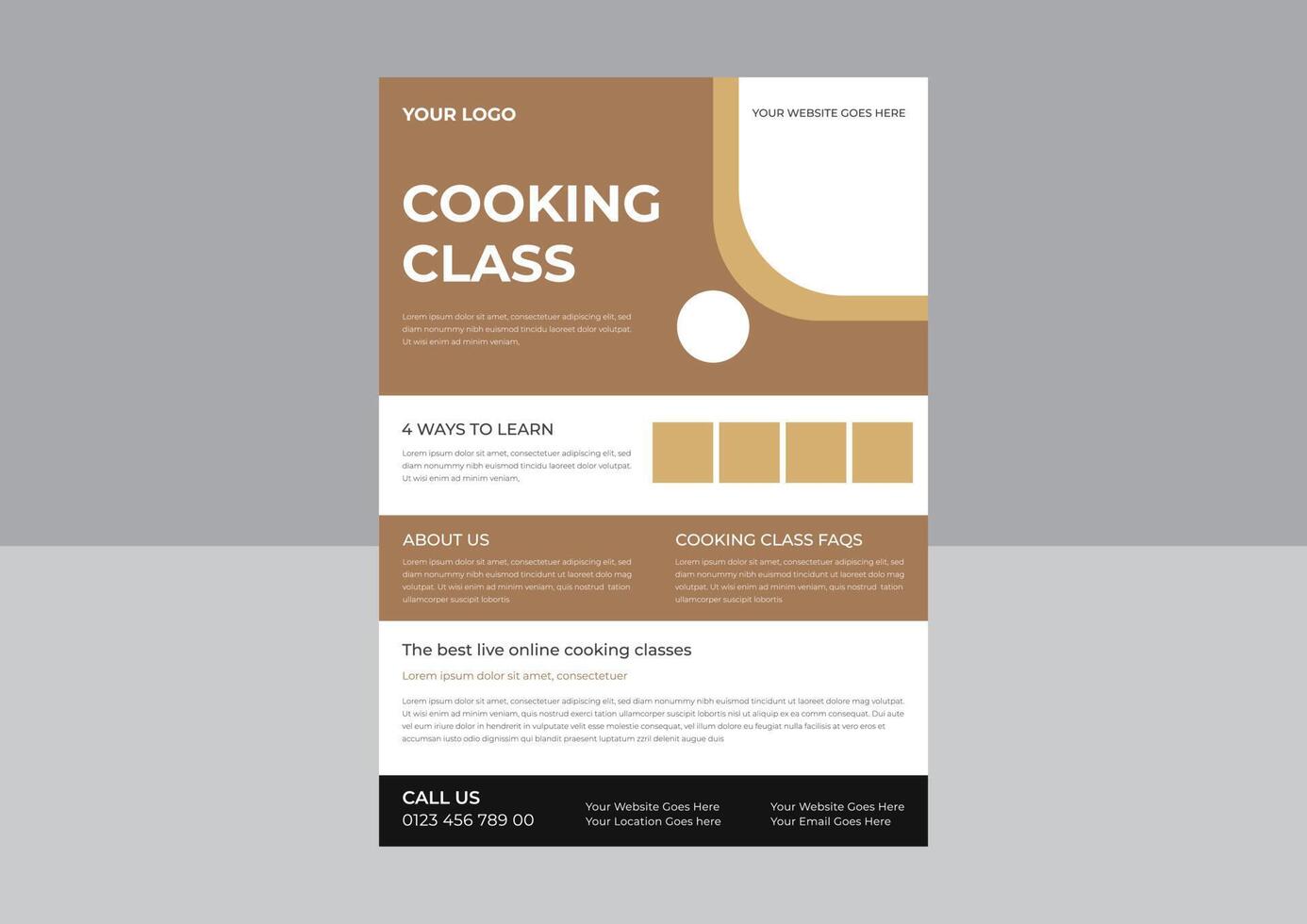 plantilla de diseño para volante de clases de cocina, joven chef mujer sosteniendo un artículo de cocina y mostrando un gesto delicioso, diseño de volante de clase de cocina. Diseño de folletos de carteles de clases de cocina en línea. vector