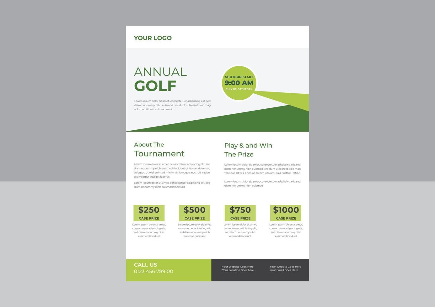 plantilla para su folleto de invitación de torneo de golf, vector de póster de golf. pelota de golf. diseño vertical para la promoción de bares deportivos. torneo, diseño de volante de campeonato. volante del club.