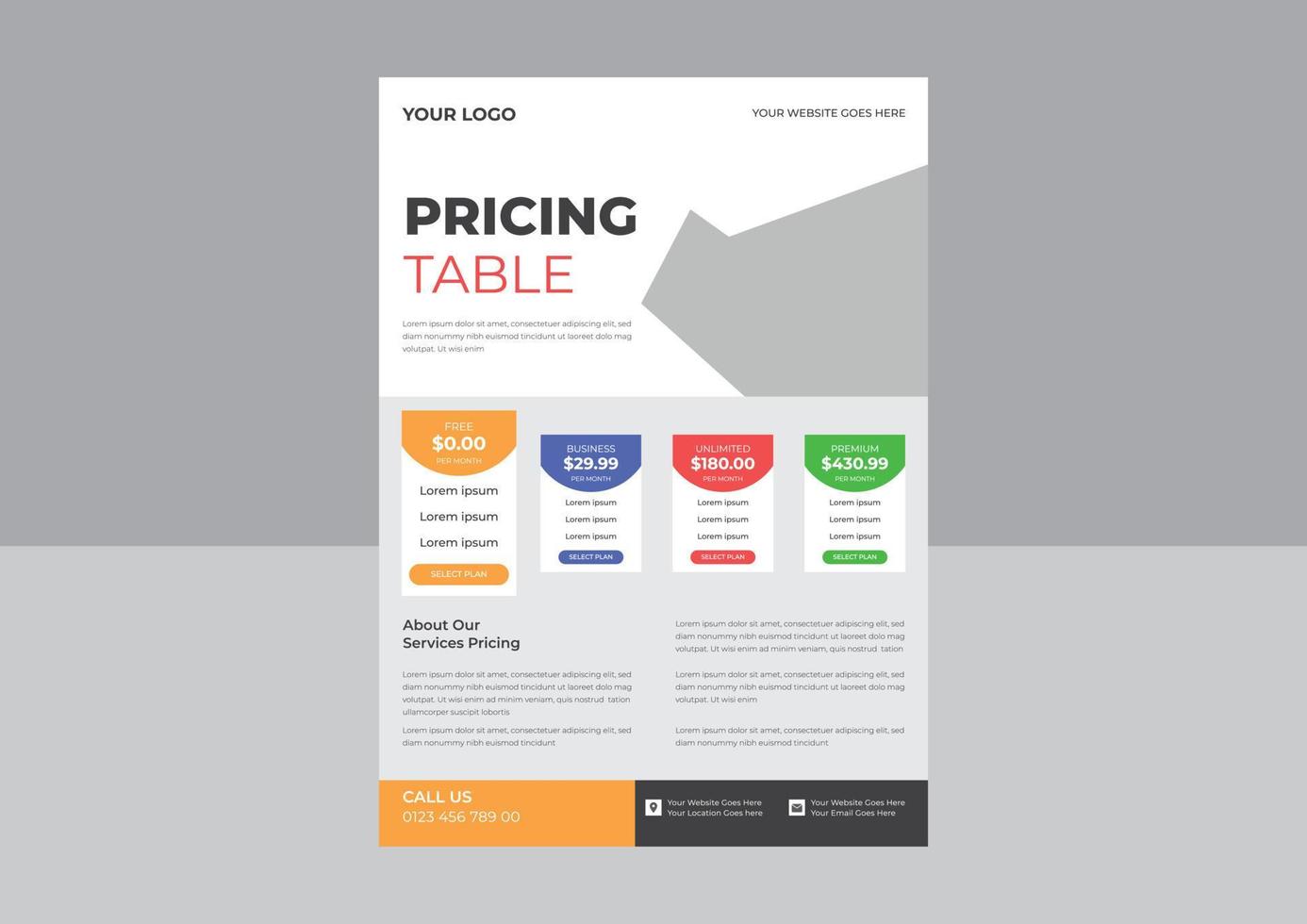 Modern looking pricing table design with four subscription plans flyer, Price chart template, business plan pricing grid flyer, .vector infographics template. vector