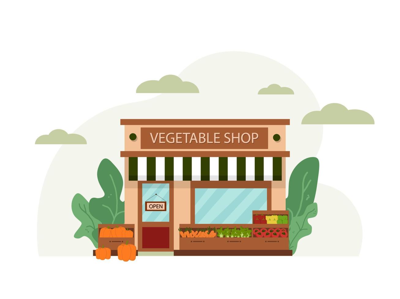 ilustración de la tienda de verduras fachada del edificio de la tienda de verduras con calabazas zanahorias lechuga tomates y pimiento vector