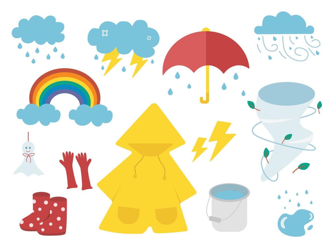 Rainy icons element set by hand drawn with color rain season tone. Rainy cartoon icons. vector