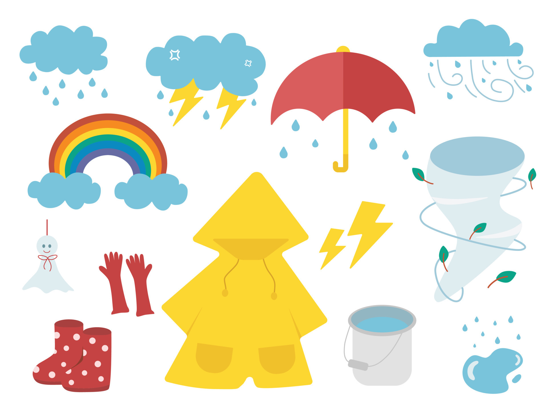 Rainy icons element set by hand drawn with color rain season tone ...
