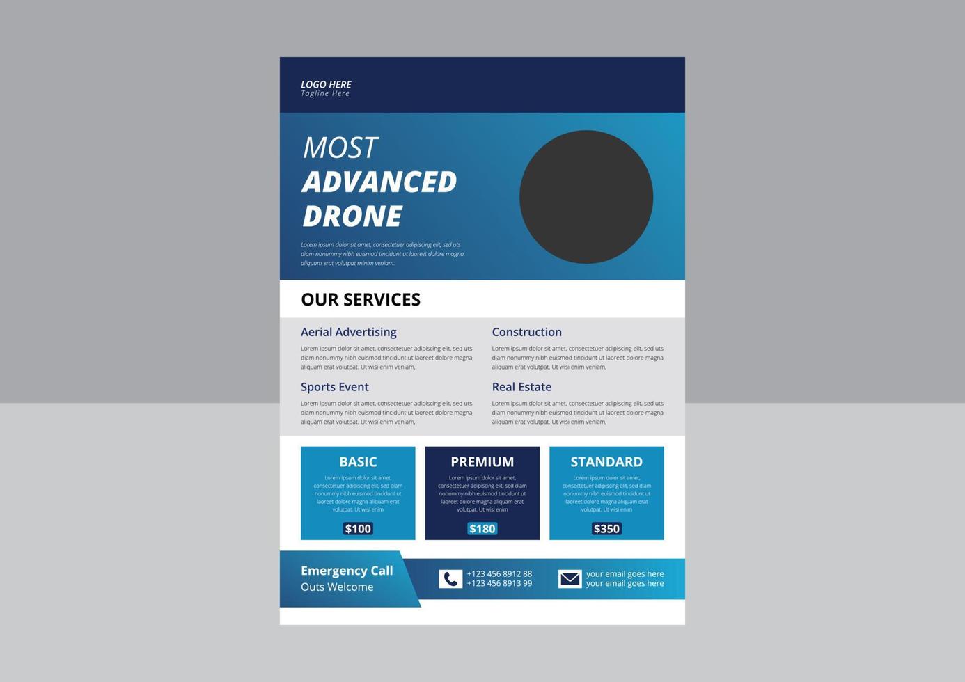 Drone Flyer Template, Most Advanced Drone Services Flyer, Drone Rent Flyer. Pro cam drone service flyer. vector