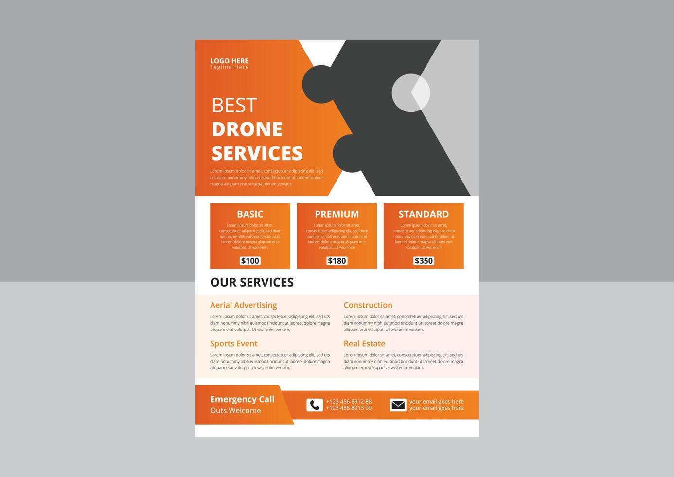 Drone Flyer Template, Most Advanced Drone Services Flyer, Drone Rent Flyer. Pro cam drone service flyer. vector