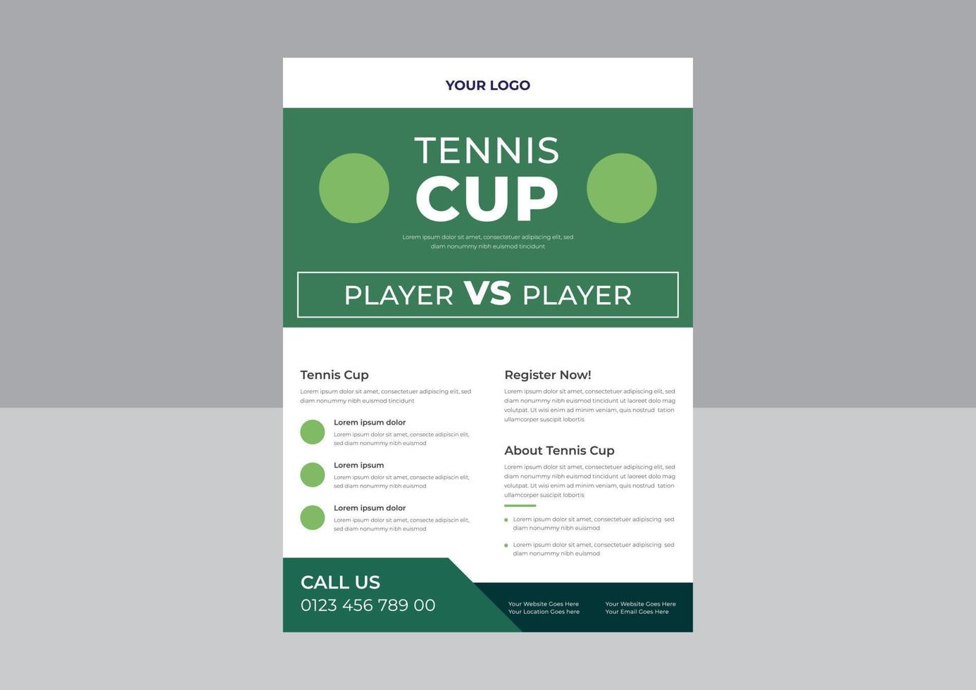 Volante vectorial de juego de afiches de tenis, plantilla de diseño de volante de torneo de tenis, vector de juego de afiches de tenis, plantilla a4, diseño de folleto, portada, volante, afiche, listo para imprimir