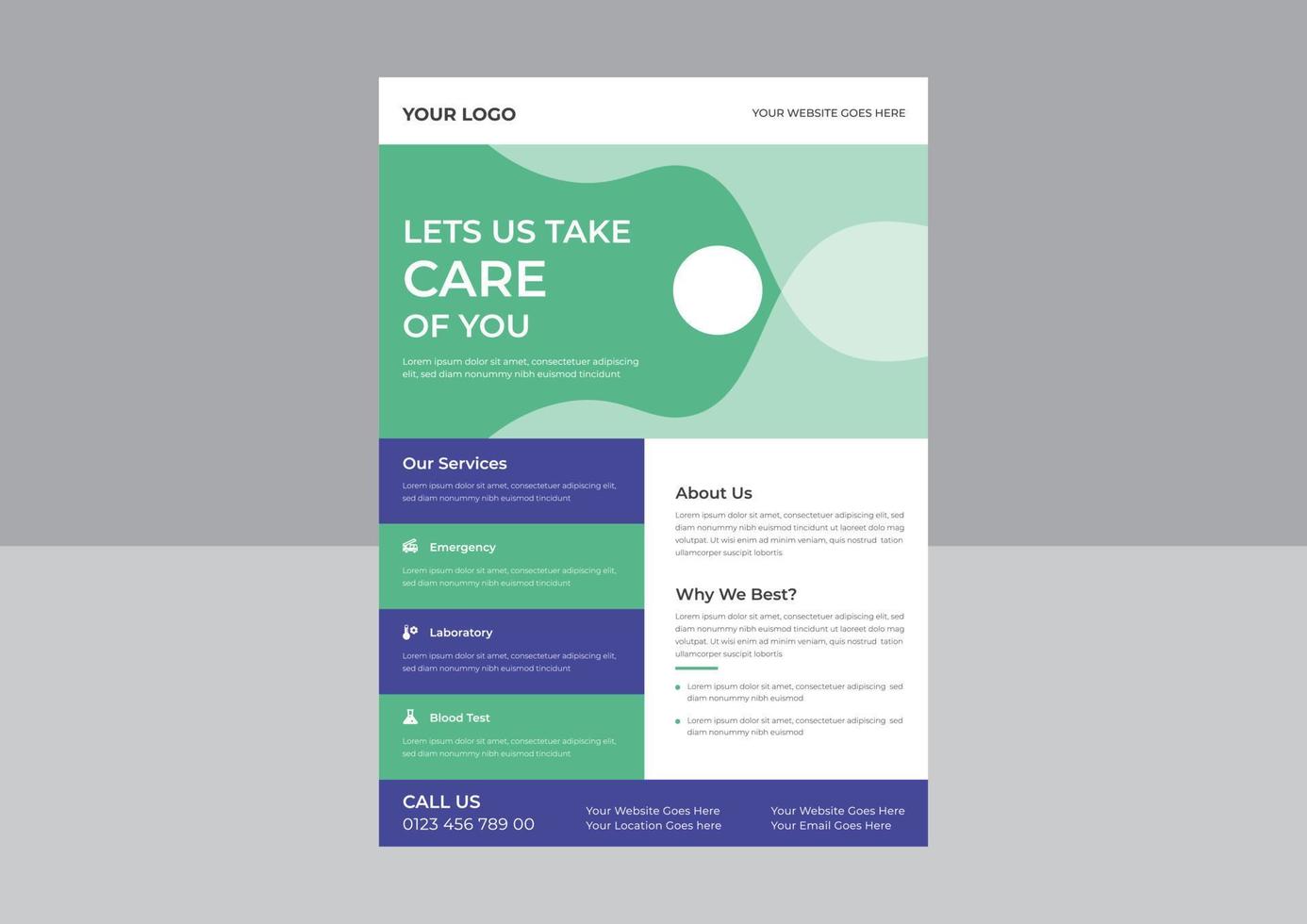 Medical Brochure Flyer Template Design - A4 Medical Brochure Flyer Layout,  Medical Health Care Flyer Brochure Template Design, Medical Flyer poster Pamphlet Brochure Cover Design. vector