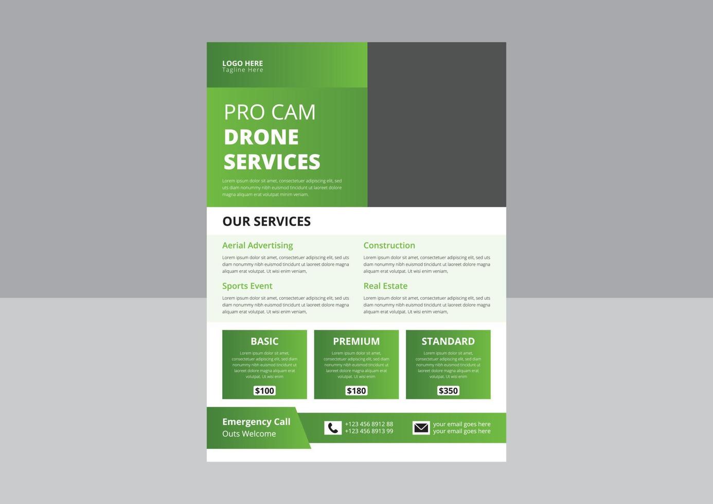 Drone Flyer Template, Most Advanced Drone Services Flyer, Drone Rent Flyer. Pro cam drone service flyer. vector