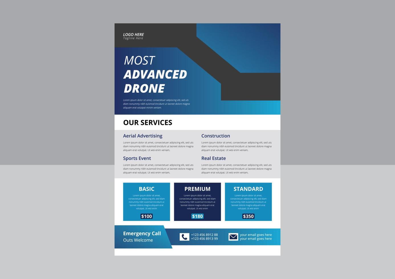 Drone Flyer Template, Most Advanced Drone Services Flyer, Drone Rent Flyer. Pro cam drone service flyer. vector