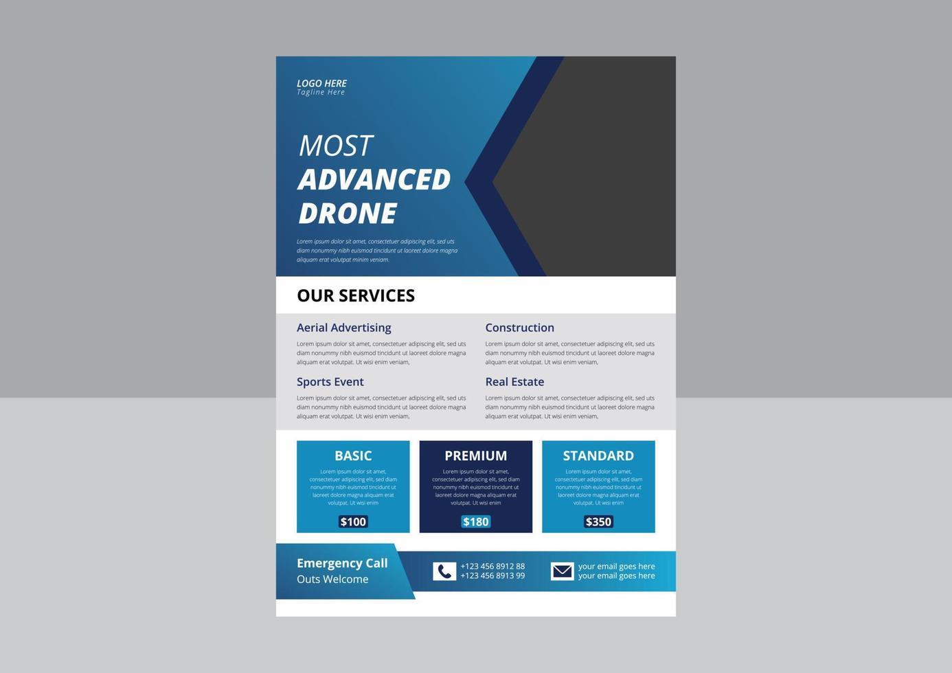 Drone Flyer Template, Most Advanced Drone Services Flyer, Drone Rent Flyer. Pro cam drone service flyer. vector