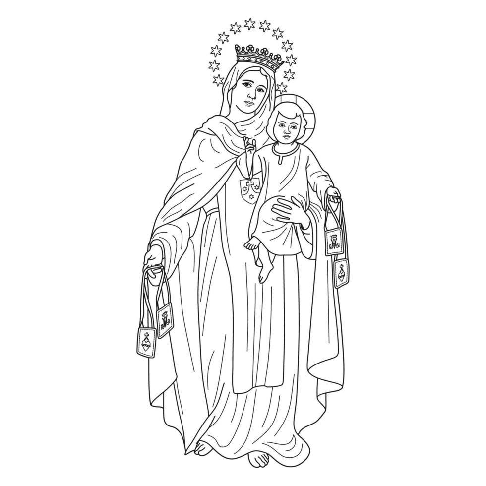 Our Lady of Mount Carmel Vector Illustration Outline Monochrome