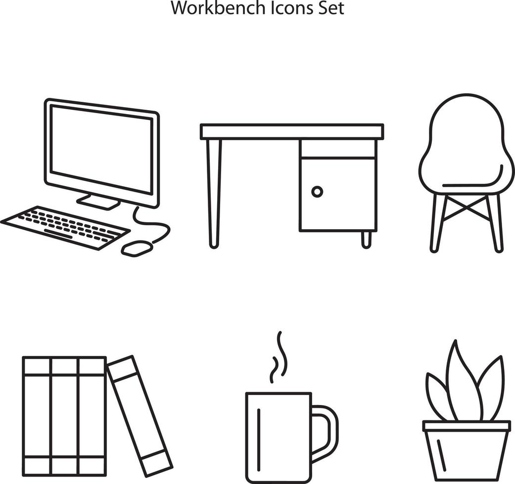 Mix icon for workbench monitor bench workshop table shelf, workbench icons set isolated on white background. vector